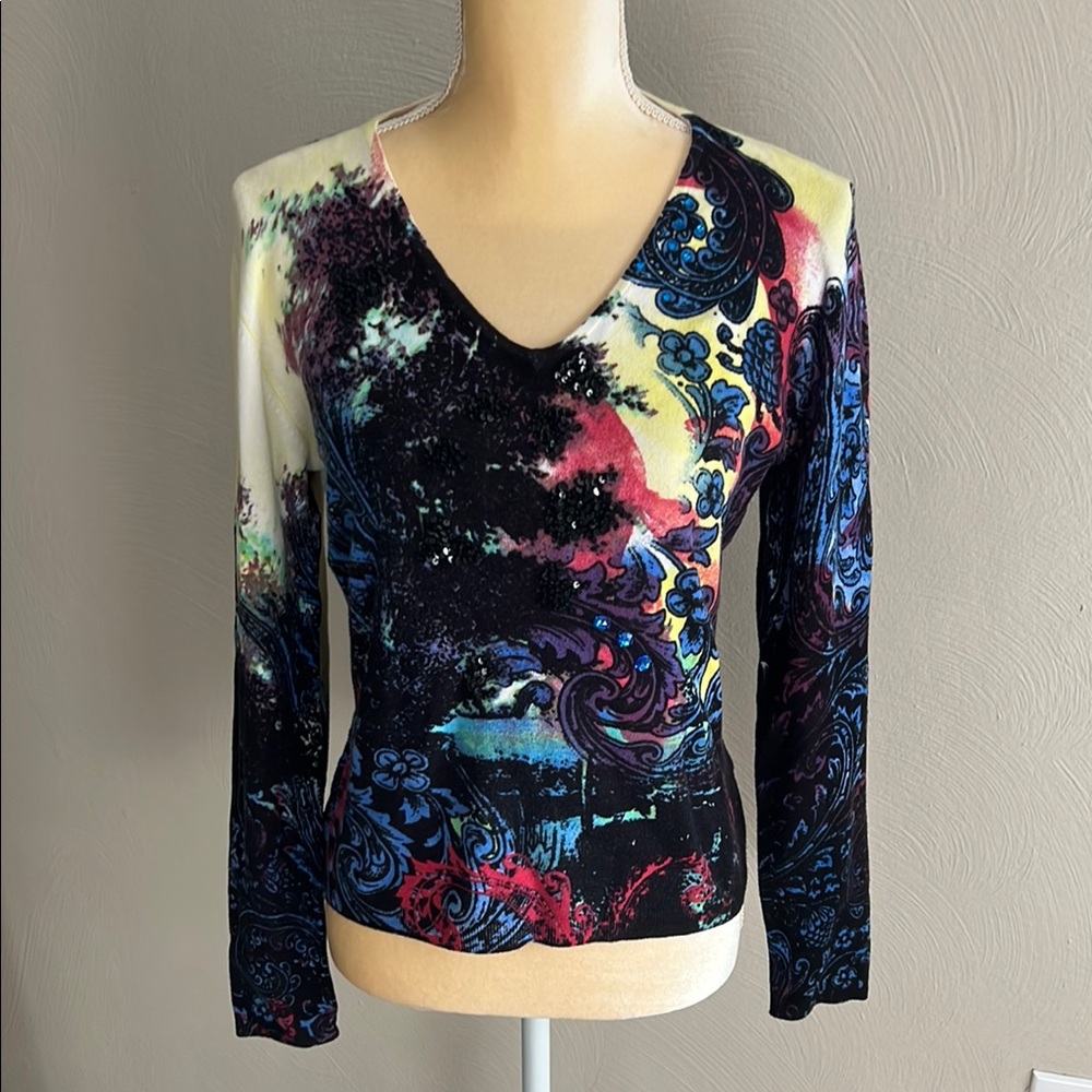 Vibrant Long Sleeve V-Neck Sweater with Sequin and Beading detail